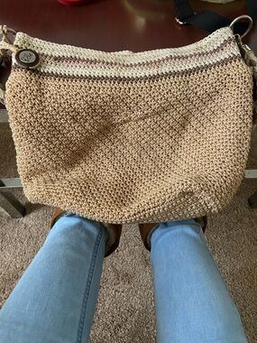 Woven Crochet Hobo Bag in Natural Tan with Cream Trim